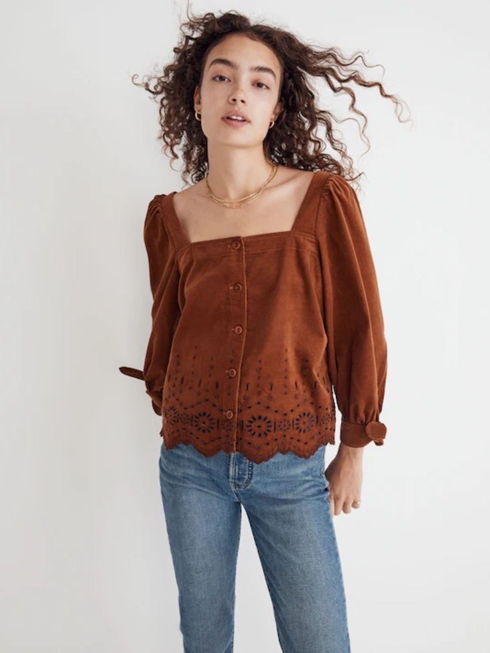 Madewell brown corduroy eyelet long sleeve straight neck top blouse XS